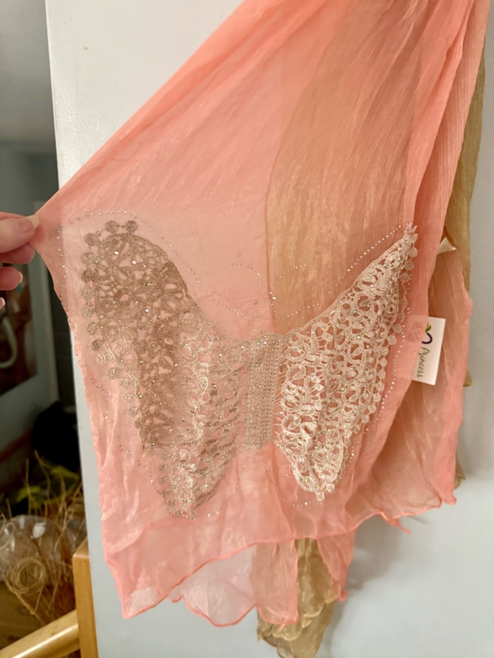 Memories Luxurious Peach Ombre Scarf with 3D Lace Butterflies & Sparkle
